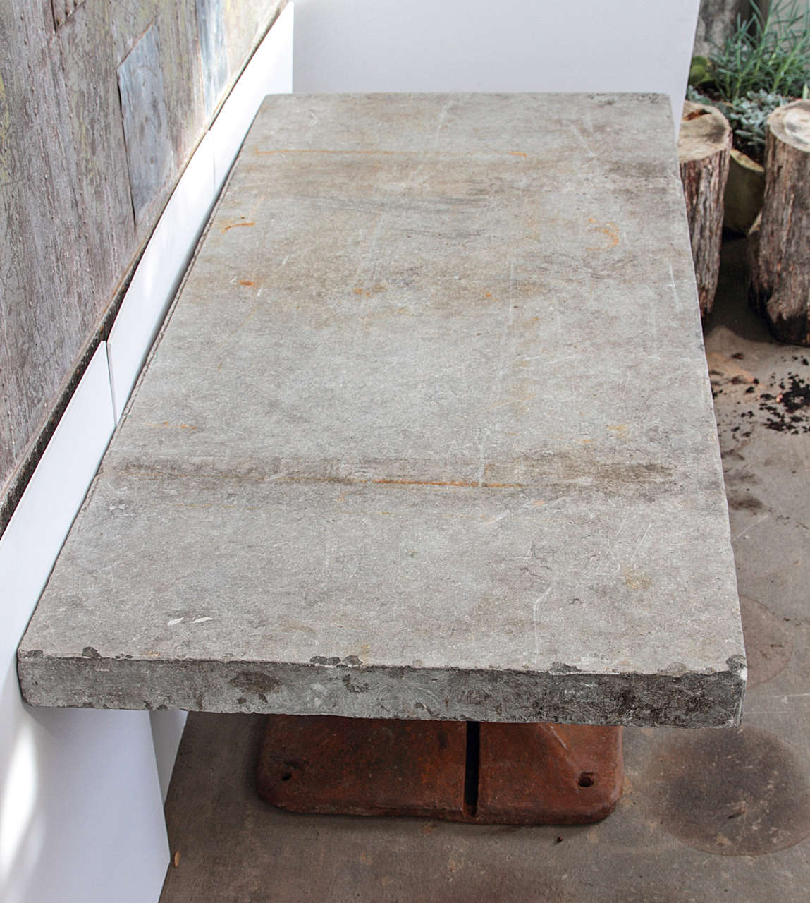 French Blue Stone Top Industrial Outdoor Console 
Hand cut, natural antique French blue stone as top
Blue stone is a medium grained dark and heavy rock, harder than granite
The rock is aged over a million years. But was cut by hand in the