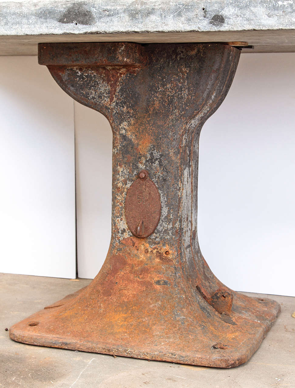 French Blue Stone Top Industrial Outdoor Console Table In Good Condition In Dallas, TX