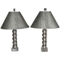Pair of Modern Glass Candlestick Lamps with Hand-Painted Shades