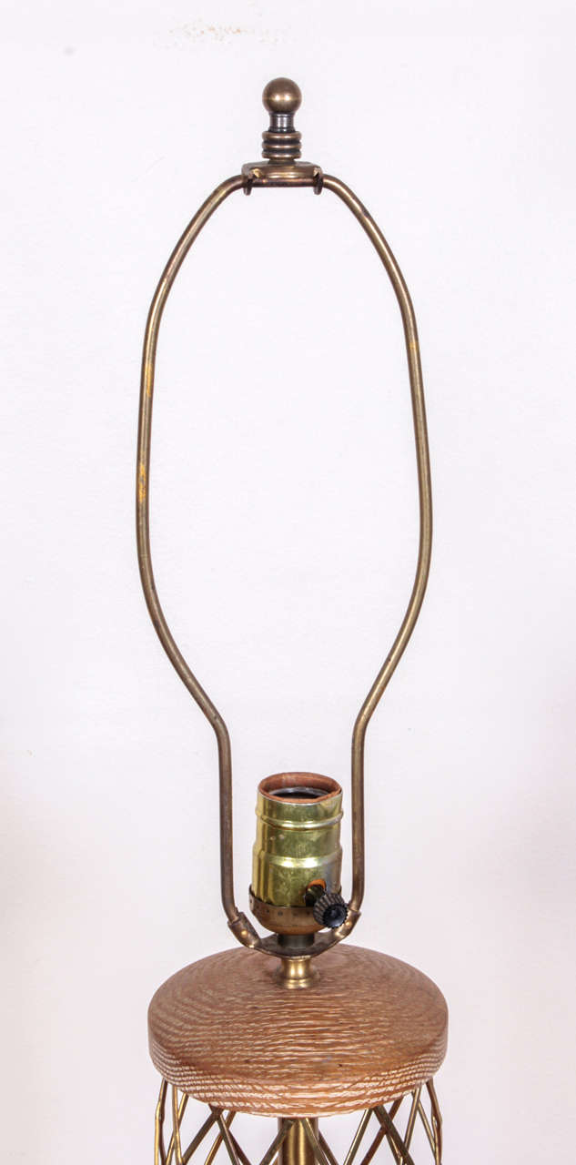 Mid-20th Century Pair of Mid-Century Modernist Cerused Oak and Brass Lamps For Sale
