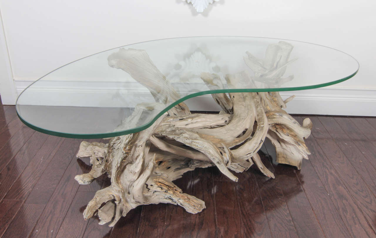 The biomorphic-shaped top over a white driftwood base. Note thick plate glass top is original.