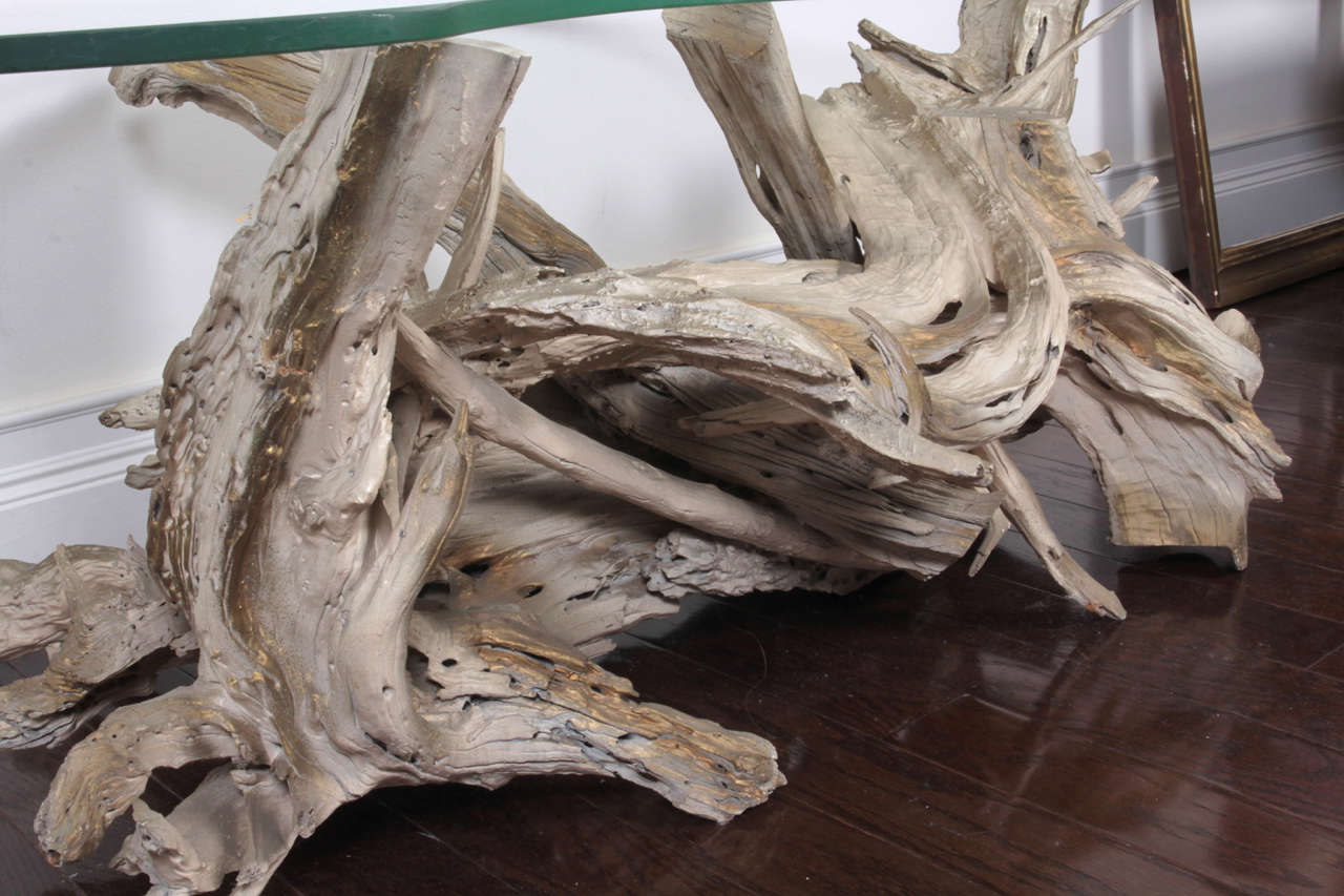 Mid-Century Sculptural Glass and Driftwood Coffee Table 2