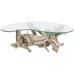 Used Mid-Century Sculptural Glass and Driftwood Coffee Table