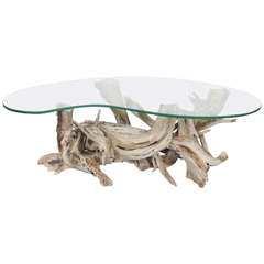 Mid-Century Sculptural Glass and Driftwood Coffee Table