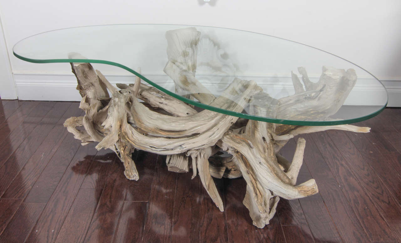 MidCentury Sculptural Glass and Driftwood Coffee Table at 1stDibs