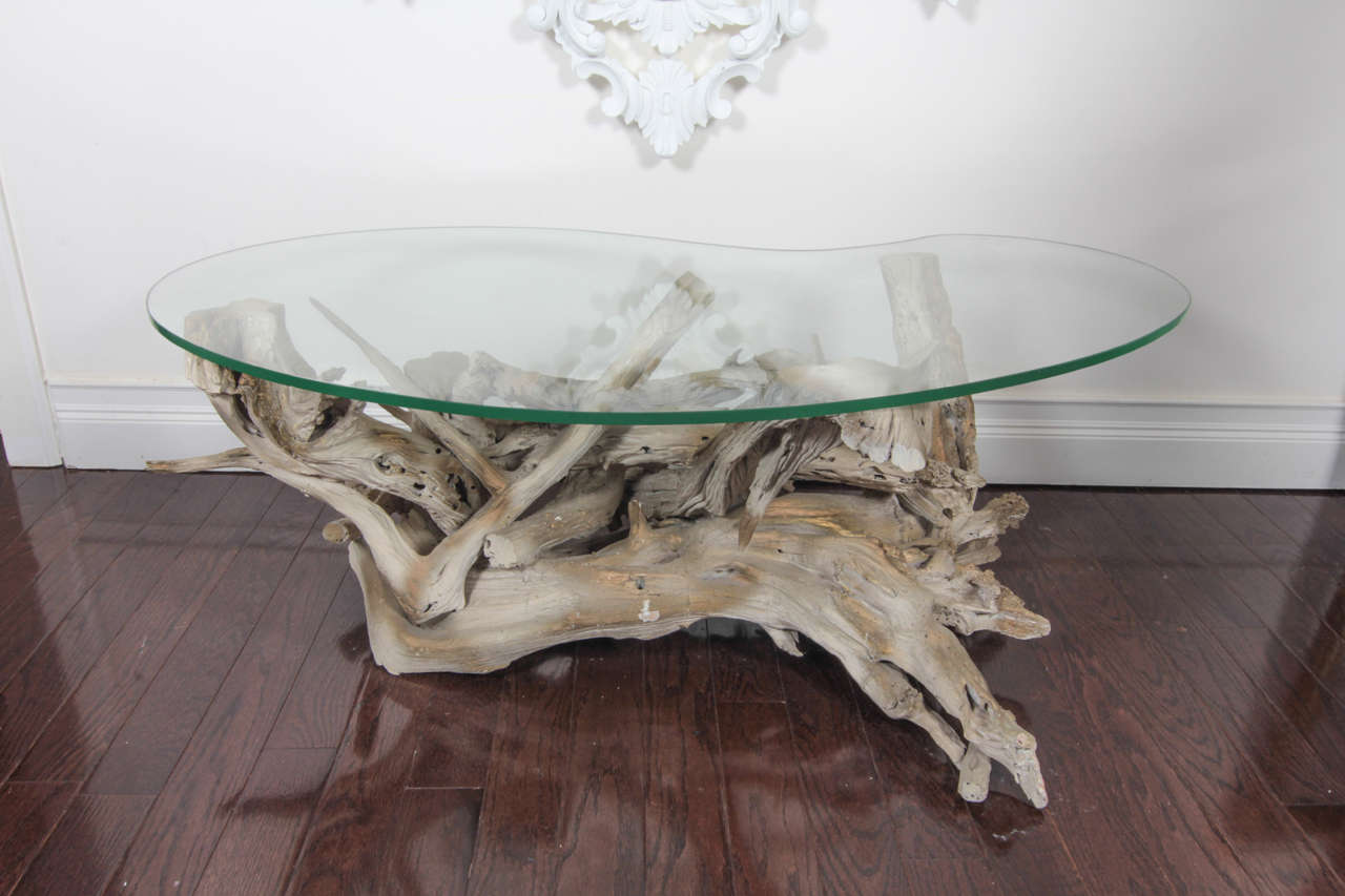 MidCentury Sculptural Glass and Driftwood Coffee Table at 1stDibs