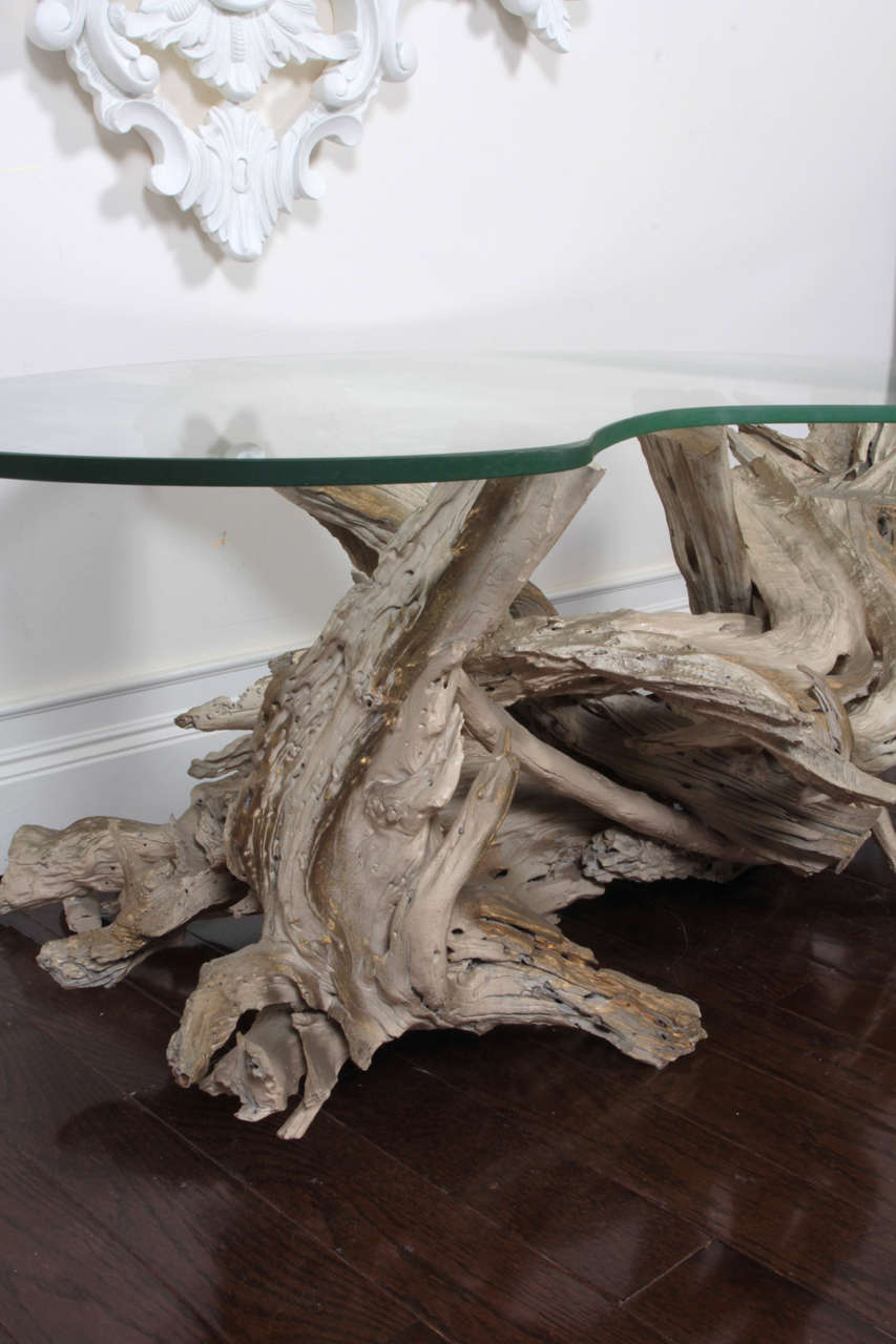 MidCentury Sculptural Glass and Driftwood Coffee Table at 1stDibs