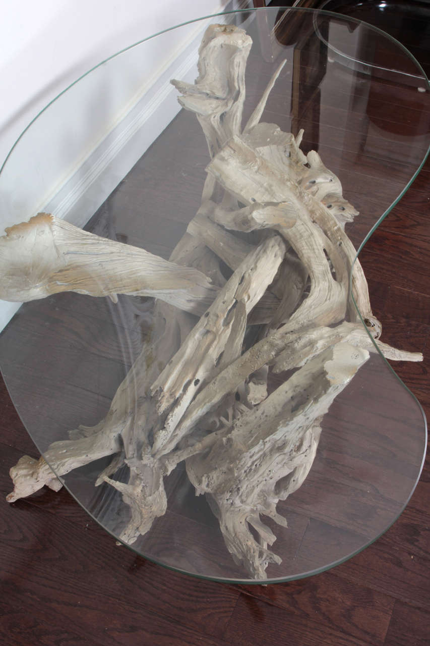 MidCentury Sculptural Glass and Driftwood Coffee Table at 1stDibs