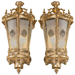 Pair of Palatial Empire Doré Bronze Ram's Head Lanterns