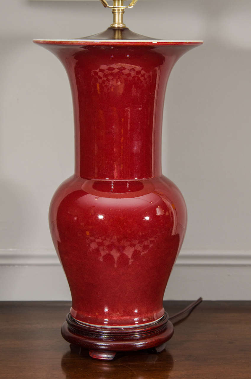 Qing Single Chinese Langyao Hong Oxblood Red Porcelain Fishtail Vase, Wired as a Lamp