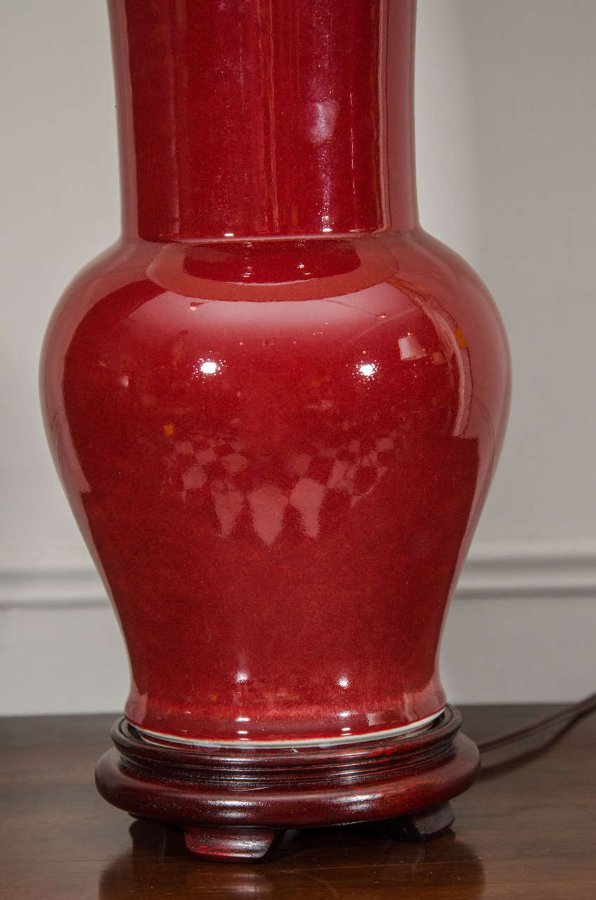 Single Chinese Langyao Hong Oxblood Red Porcelain Fishtail Vase, Wired as a Lamp In Excellent Condition In New York, NY