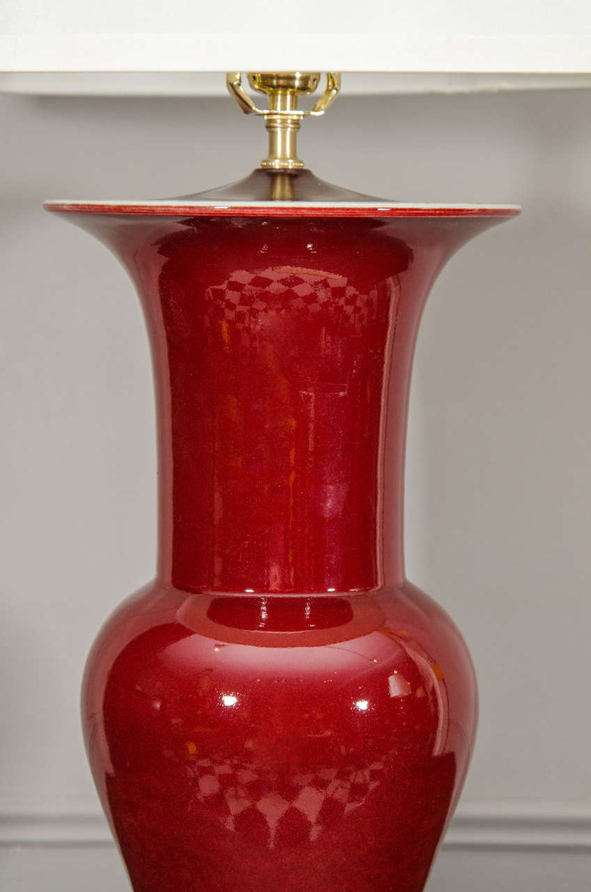 20th Century Single Chinese Langyao Hong Oxblood Red Porcelain Fishtail Vase, Wired as a Lamp