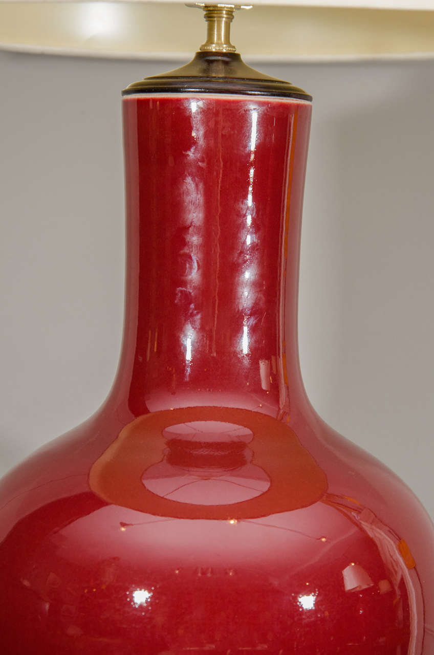 Qing Single Chinese Langyao Hong Oxblood Red Porcelain Vase, Wired as a Lamp For Sale