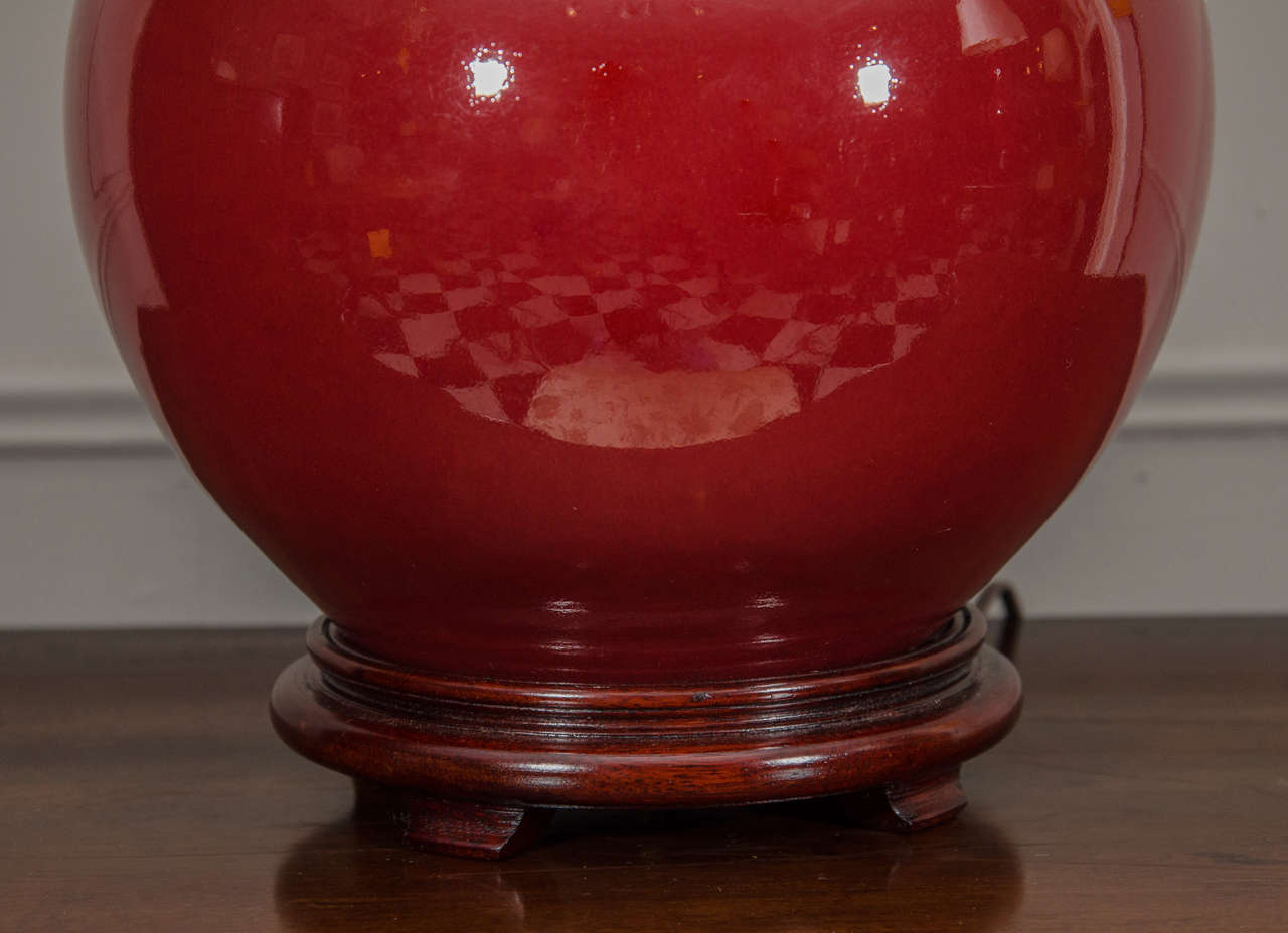 Single Chinese Langyao Hong Oxblood Red Porcelain Vase, Wired as a Lamp In Excellent Condition For Sale In Long Island City, NY