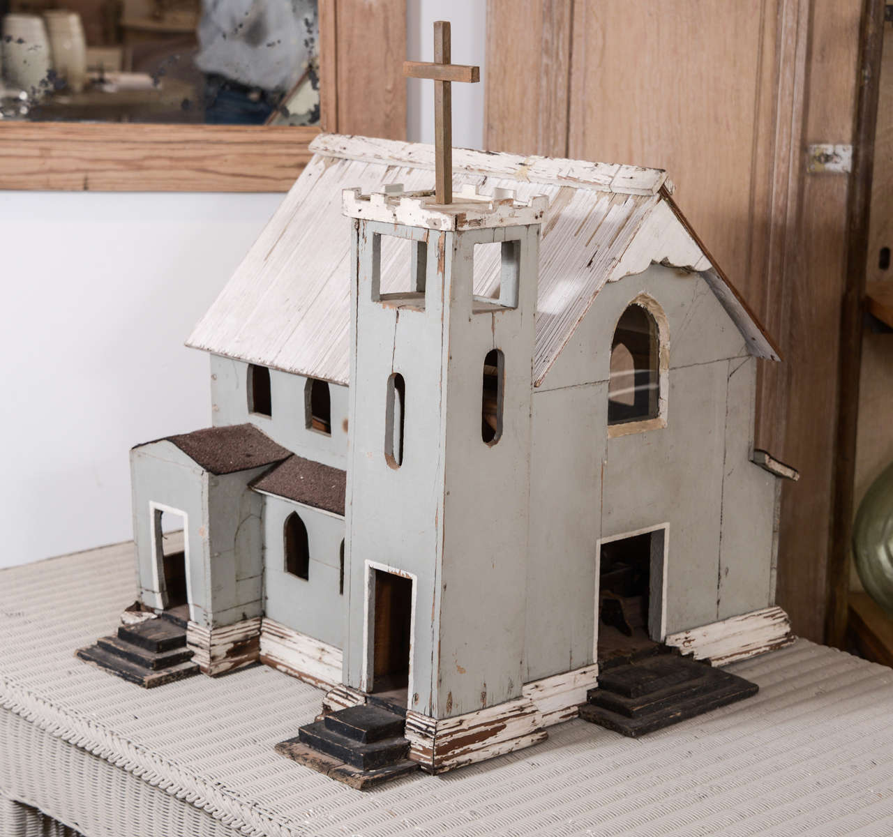 Vintage architect's model of church with removable roof and interior miniature furnishings.