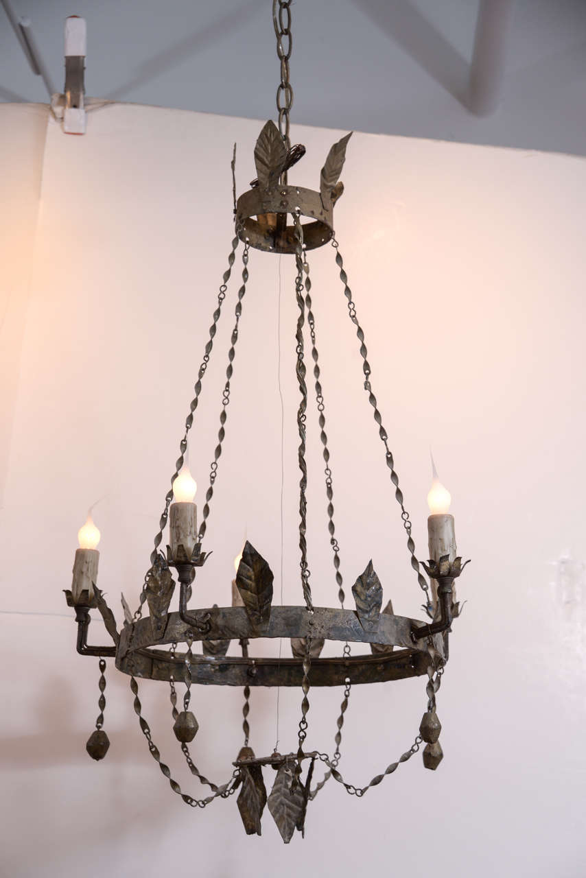 19th century five-arm delicate tôle chandelier from Tuscany, newly wired with extra chain and a canopy.