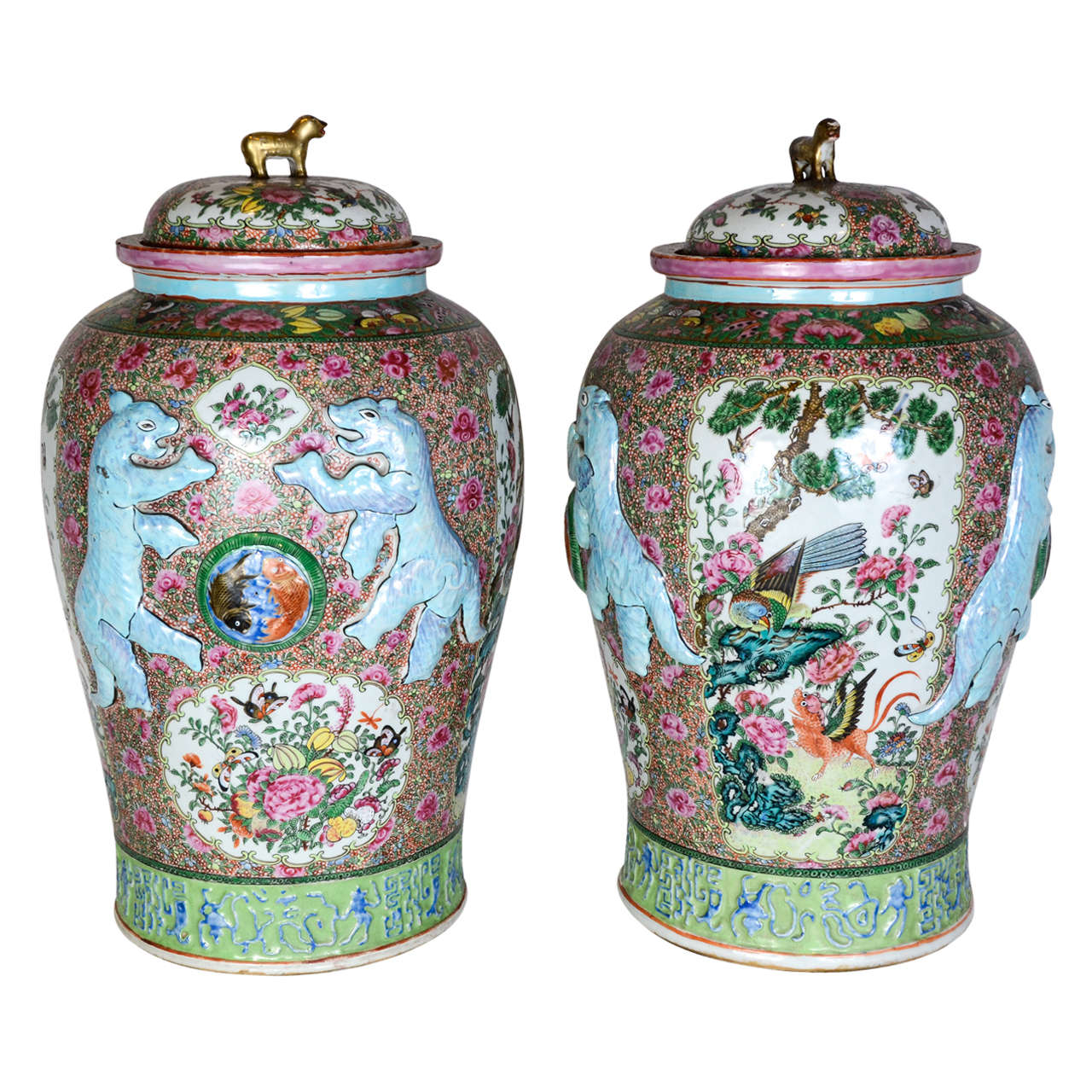 A Pair Canton Vases with Lions in Relief 19th Century