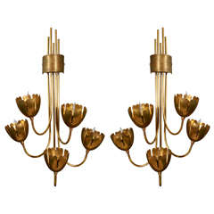 Pair of Darkened Brass Lotus Sconces in the Manner of Angelo Lelli