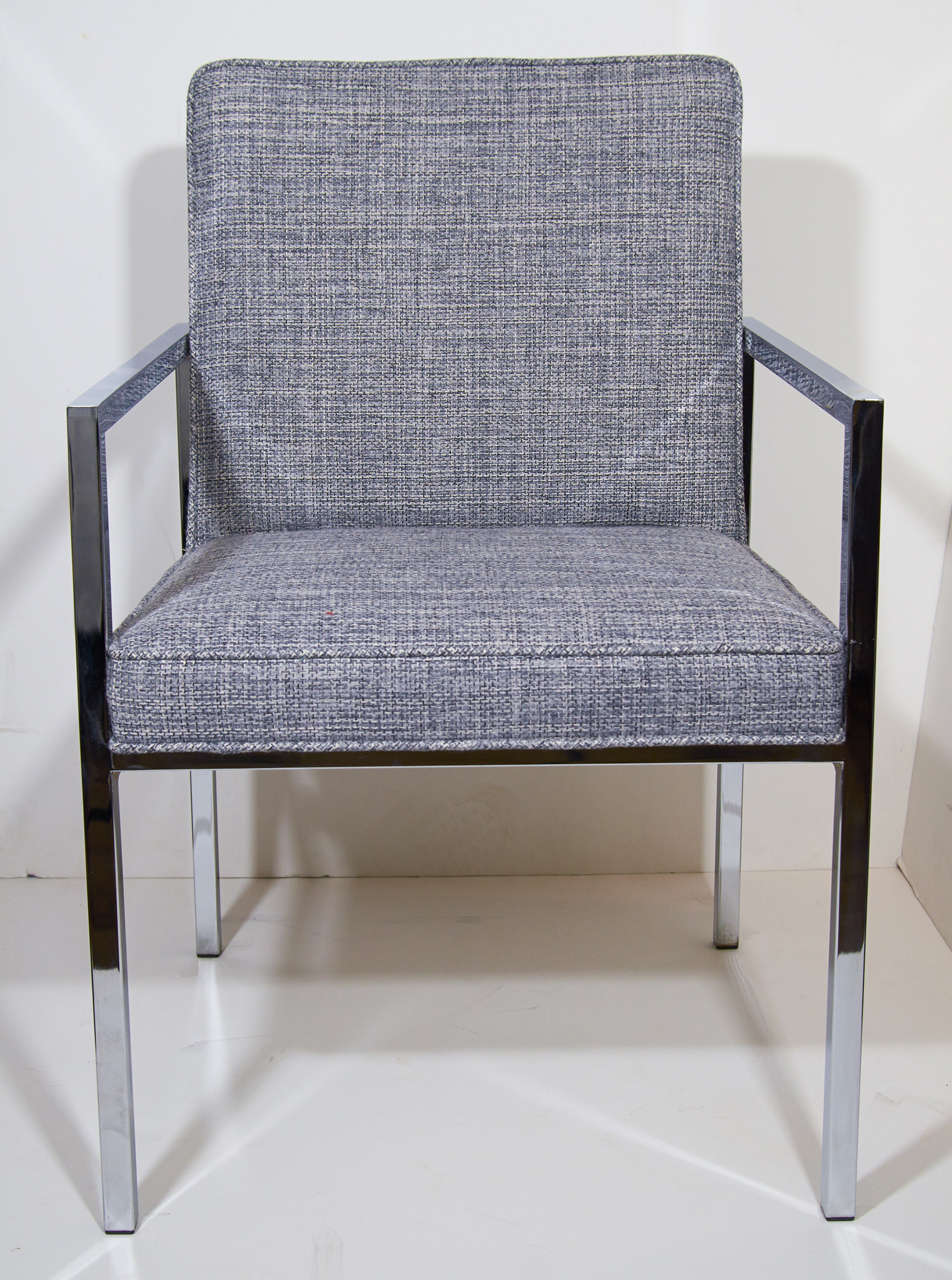 Pair of mid-century modern desk chairs or side chairs.  Streamline design featuring cantilevered chrome steel frames. Recently upholstered in Rogers and Goffigon basket weave fabric in heather blue and grey hues (cotton/linen).  Make great office