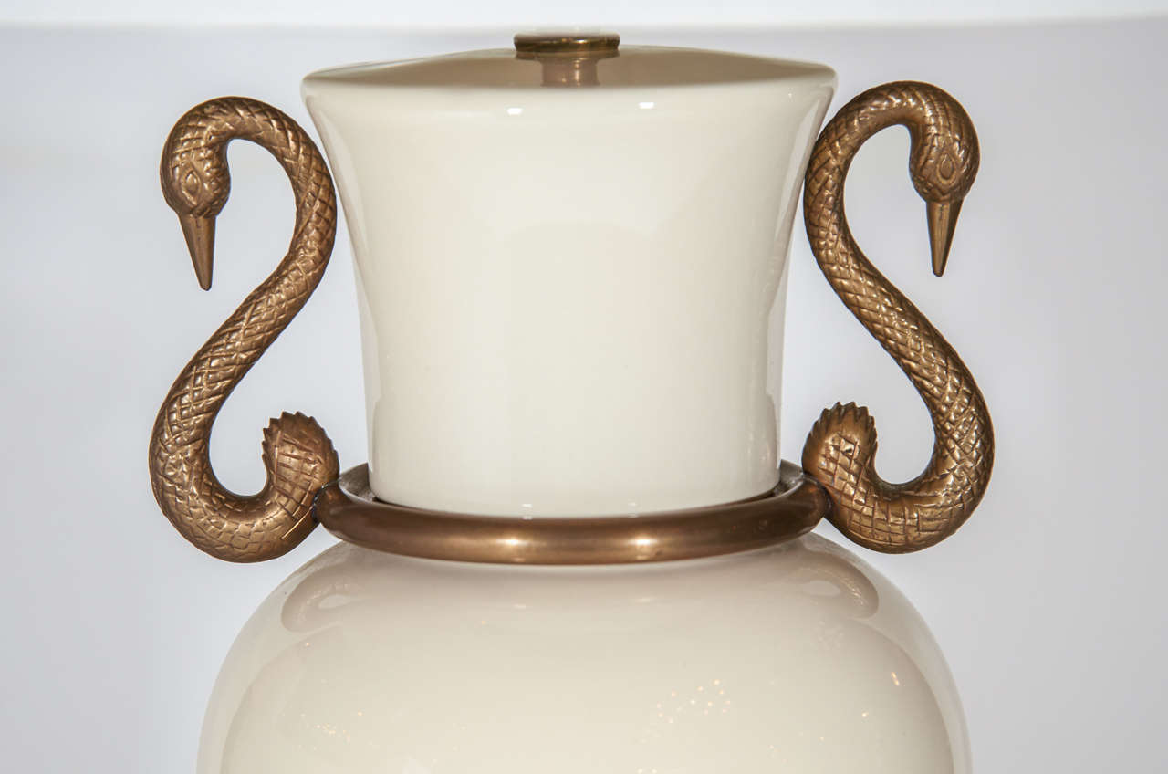 American Pair of Elegant Porcelain Urn Swan Lamps by Chapman
