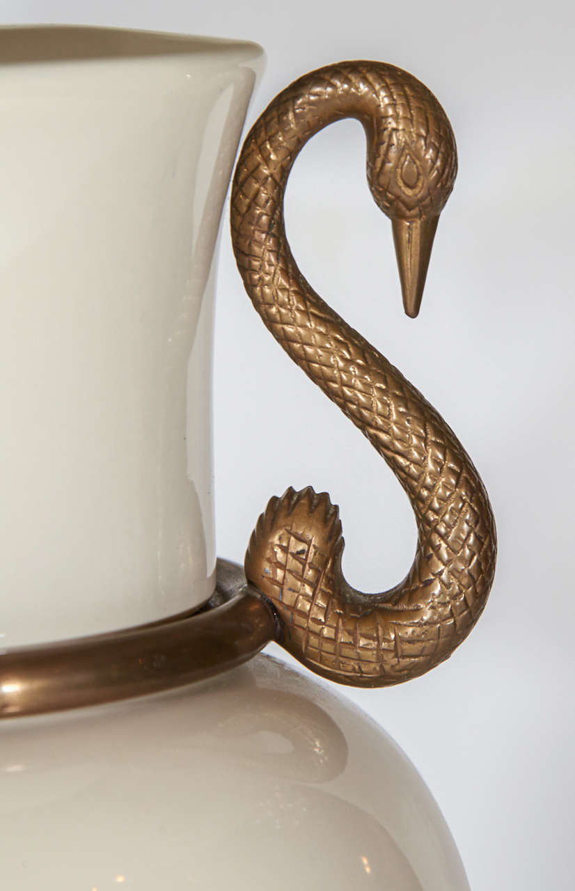 Pair of Elegant Porcelain Urn Swan Lamps by Chapman In Good Condition In Fort Lauderdale, FL