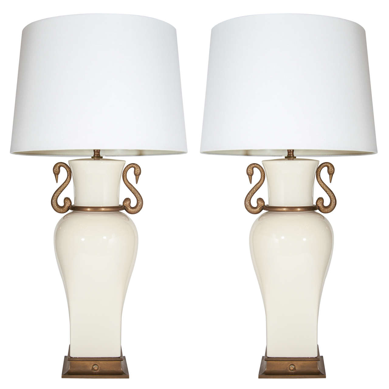 Pair of Elegant Porcelain Urn Swan Lamps by Chapman