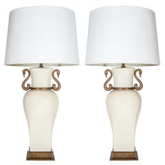 Pair of Elegant Porcelain Urn Swan Lamps by Chapman