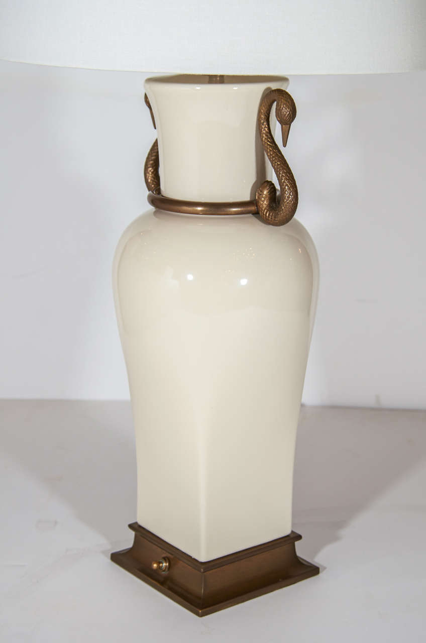 Pair of Elegant Porcelain Urn Swan Lamps by Chapman at 1stDibs