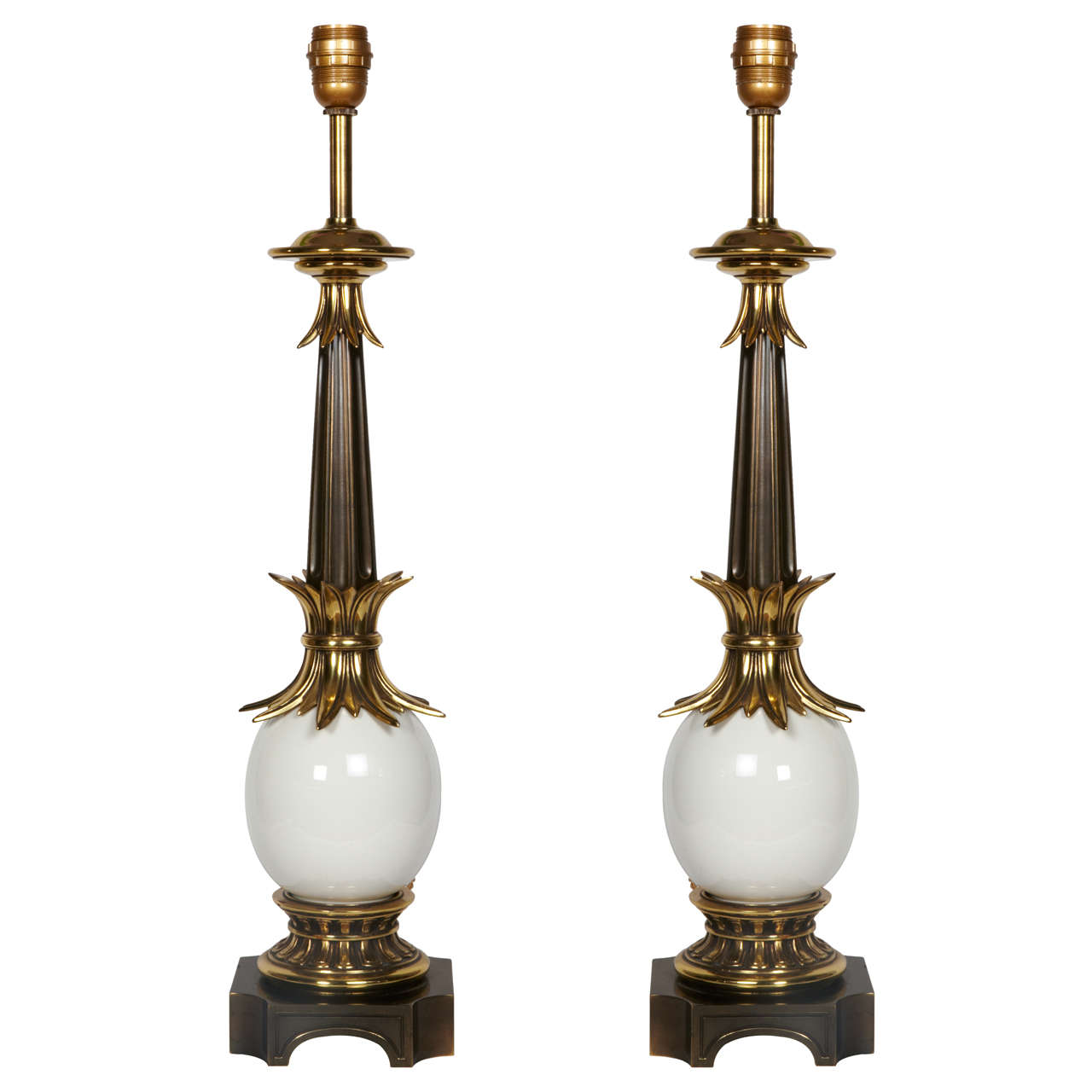 Paire de lampes de table des années 1960 en céramique et bronze en vente