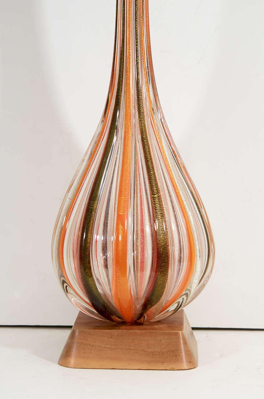 Italian Pair of Mid Century Seguso Orange, Clear and Black Murano Lamps