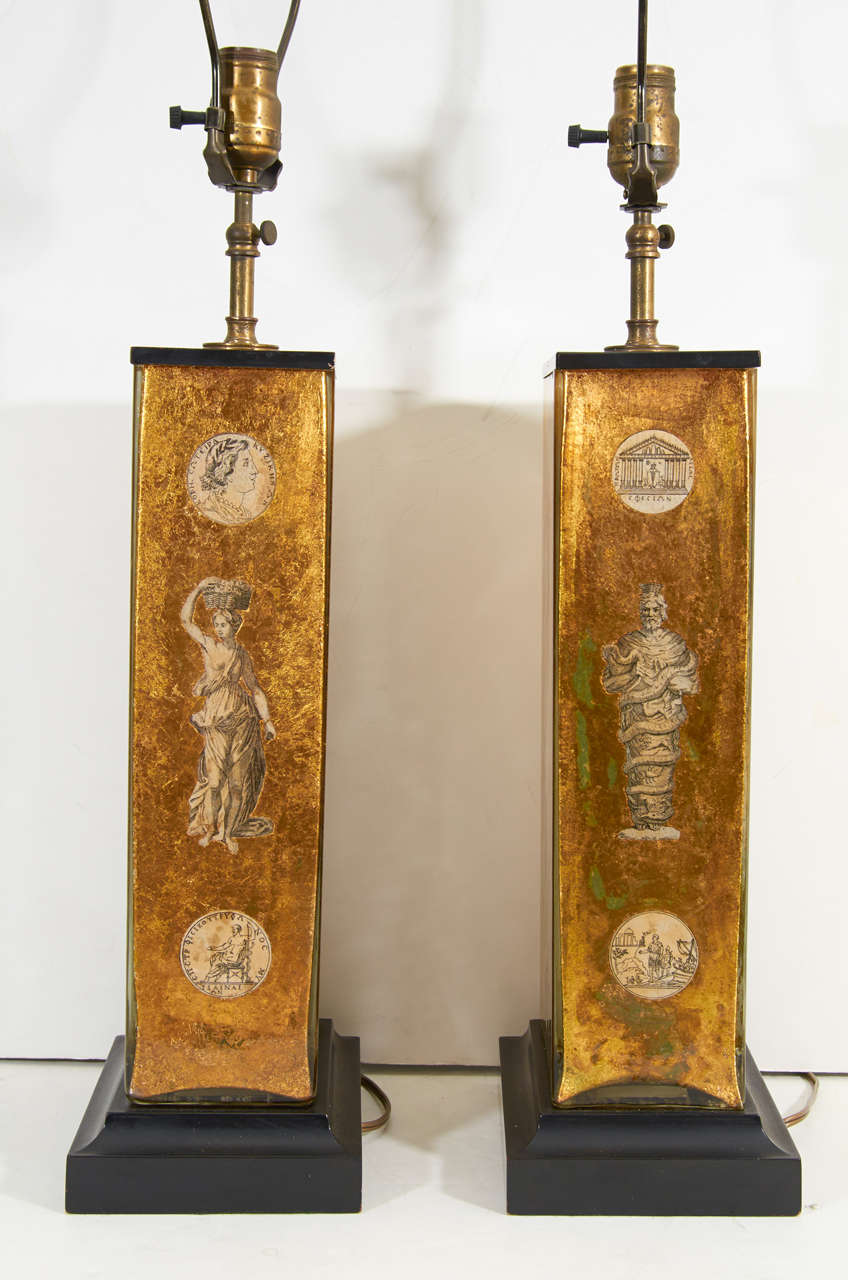 Pair of Eglomise Neoclassical Motif Lamps attributed to Fornasetti 2