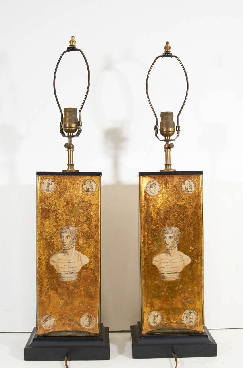 Pair of Eglomise Neoclassical Motif Lamps attributed to Fornasetti 3