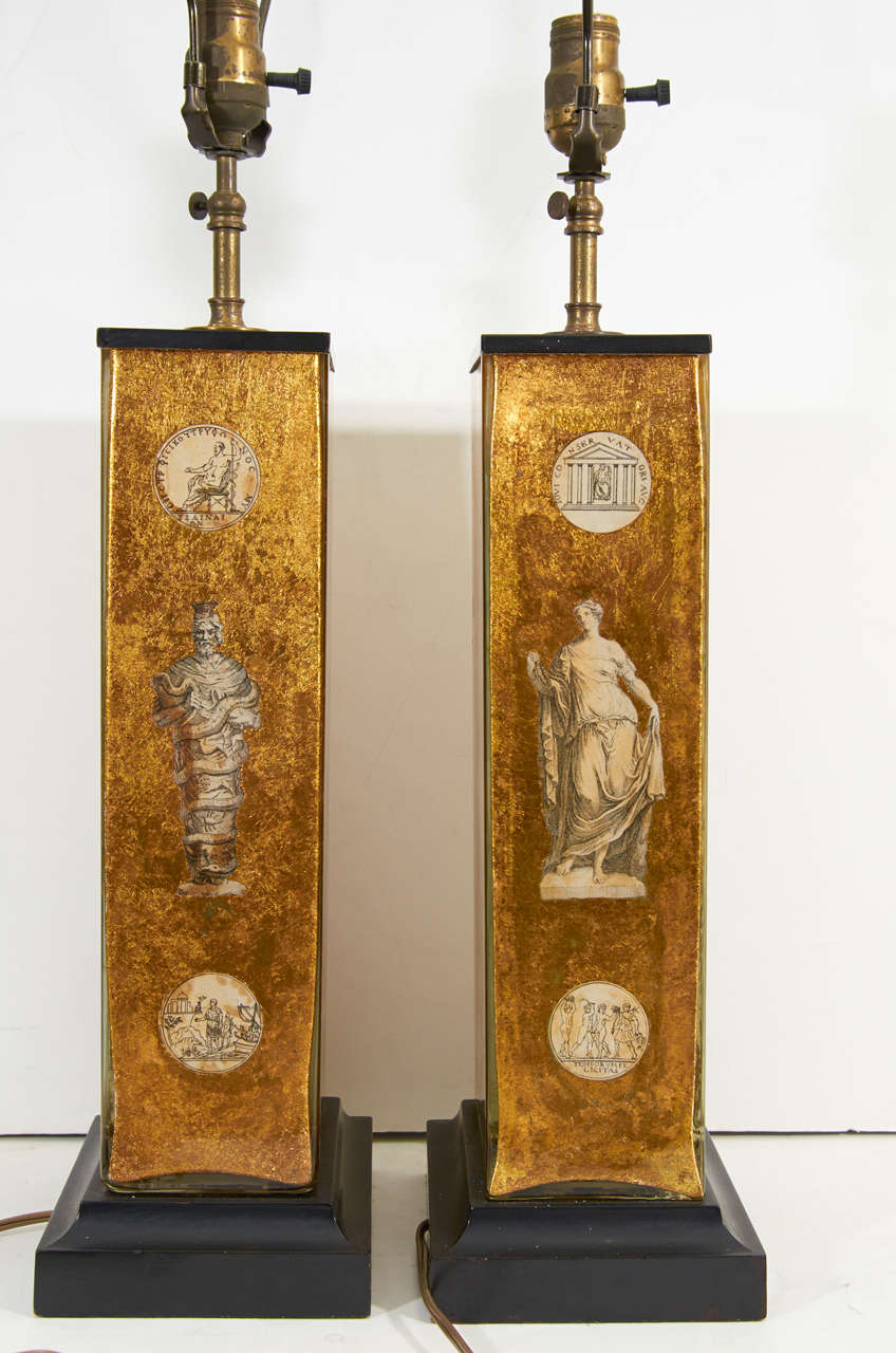 Pair of Eglomise Neoclassical Motif Lamps attributed to Fornasetti 4