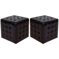 Black Wet-Look Faux Leather Tufted Cube Ottomans or Benches