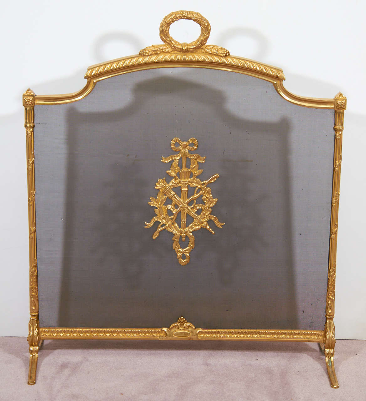 Antique French Dore Bronze Fire Screen w/ Ribbon Detail
