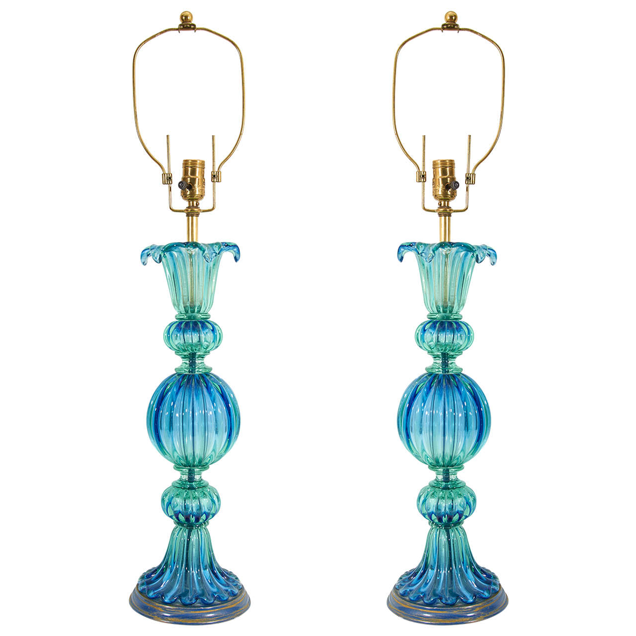 Midcentury Pair Of Blue And Green Murano Glass Lamps By Seguso At Midcentury Pair Of Blue And Green Murano Glass Lamps By Seguso For