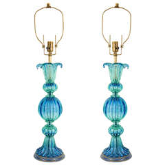 Midcentury Pair of Blue and Green Murano Glass Lamps by Seguso