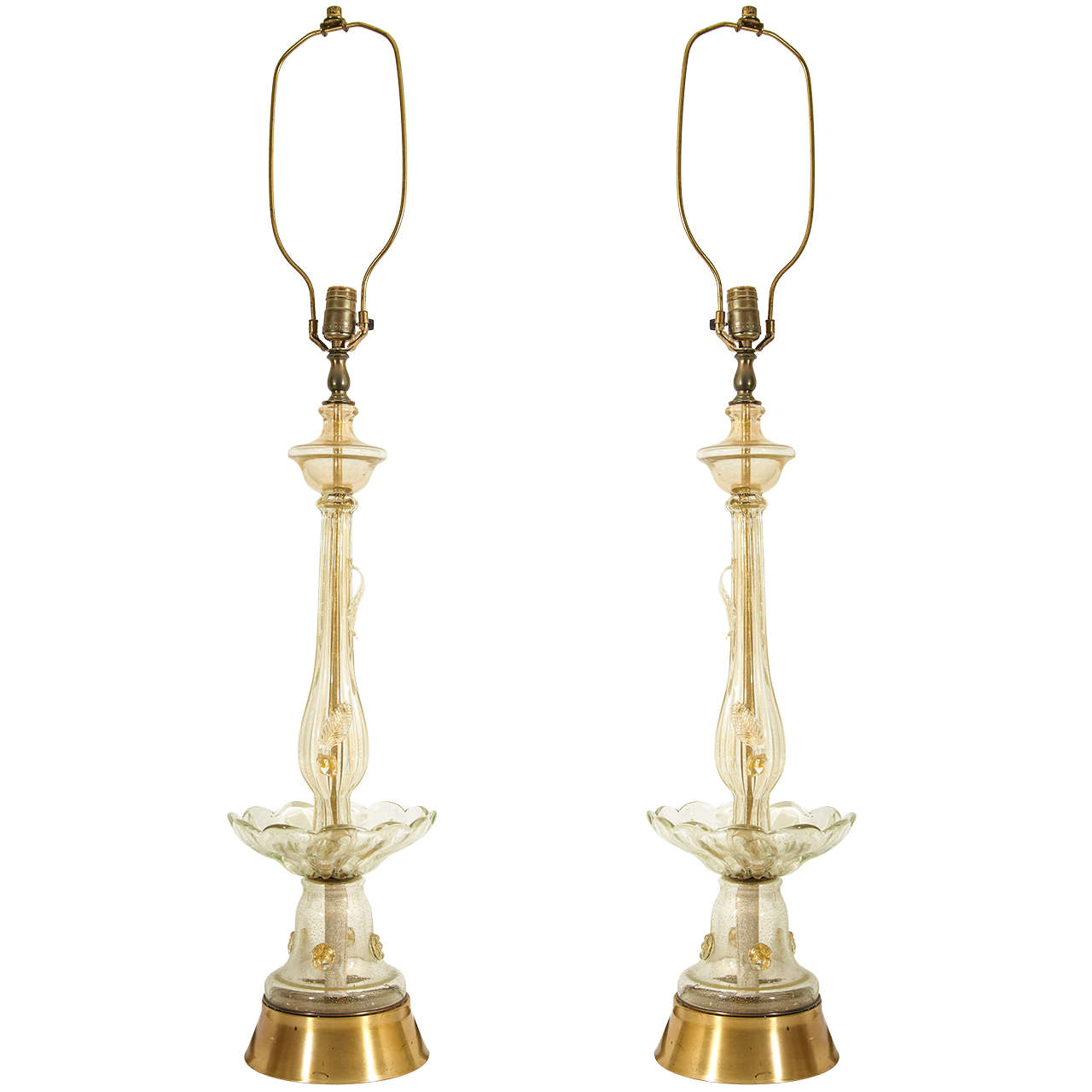 A Midcentury Pair of Murano Brass and Glass Table Lamps by Seguso