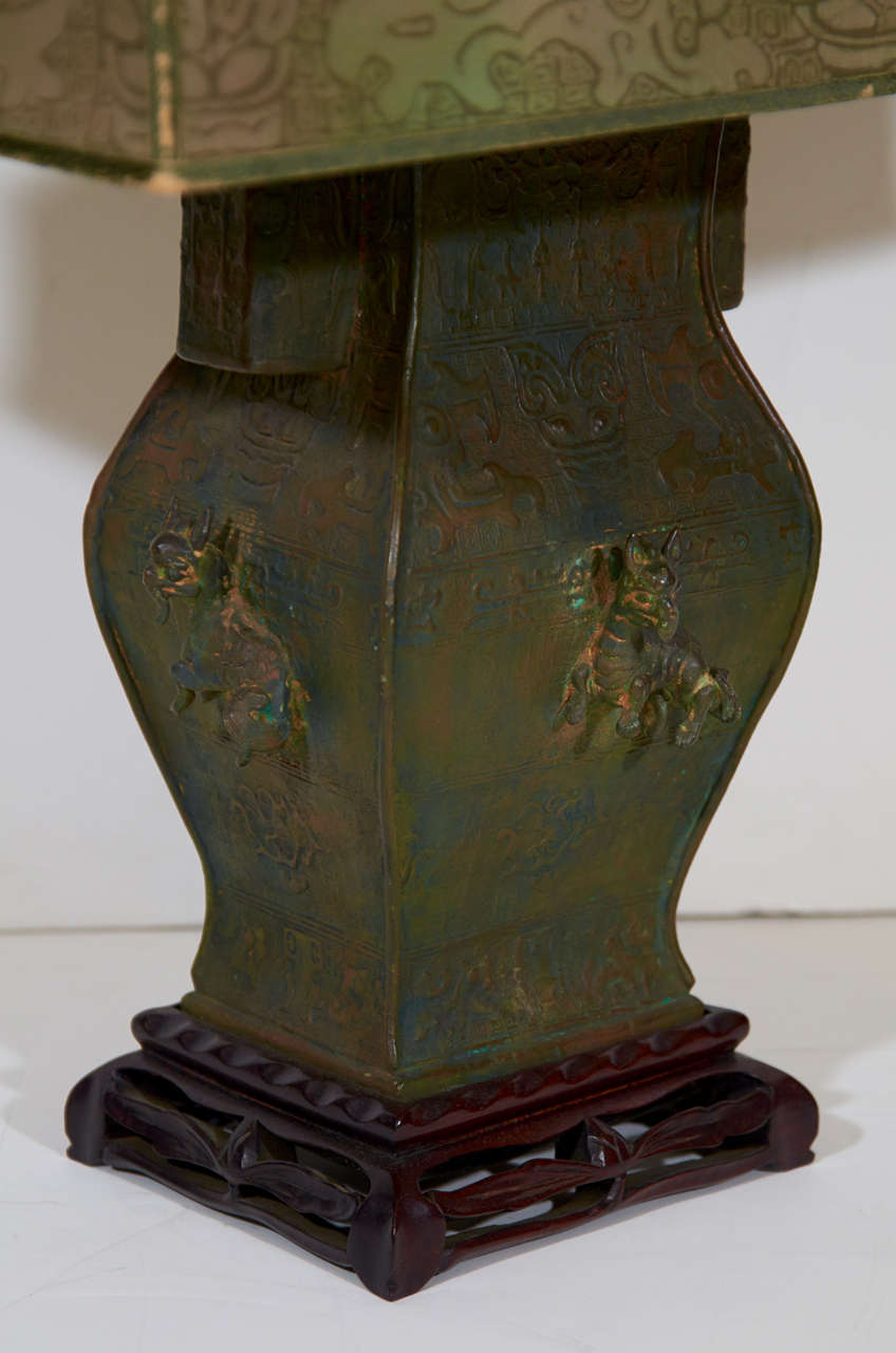 Vintage Chinese Bronze Lamps on Rosewood Bases 3