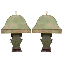 Vintage Chinese Bronze Lamps on Rosewood Bases