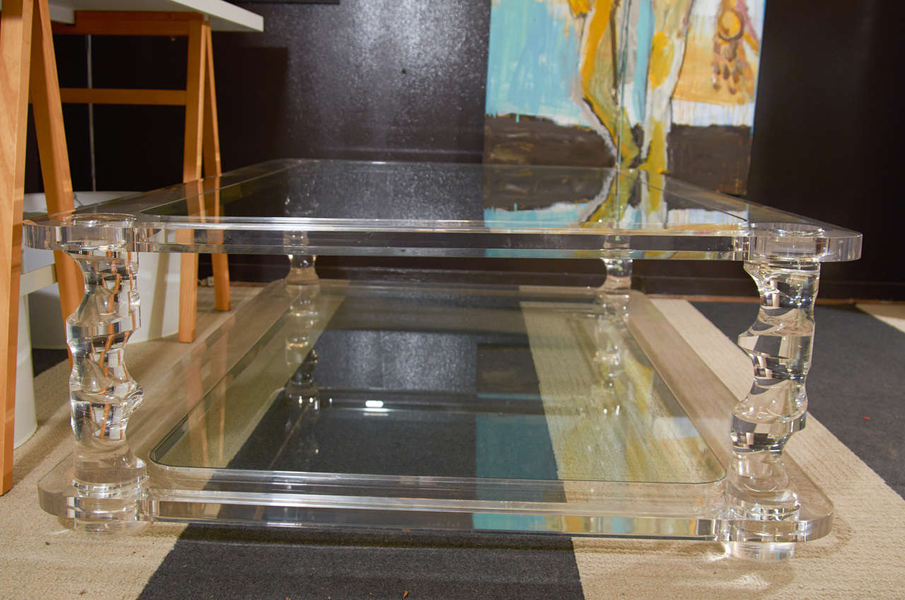Mid Century Karl Springer Style Heavy Sculptural Lucite and Glass Coffee Table 2