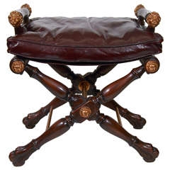 A Vintage Leather and Wood Stool or Bench
