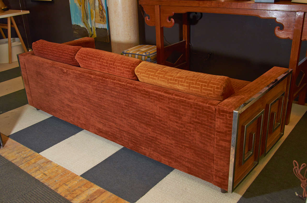 Mid-Century Modern Mid Century Velvet Sofa with Chrome Greek Key Detail