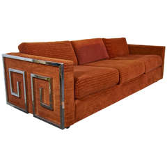 Mid Century Velvet Sofa with Chrome Greek Key Detail