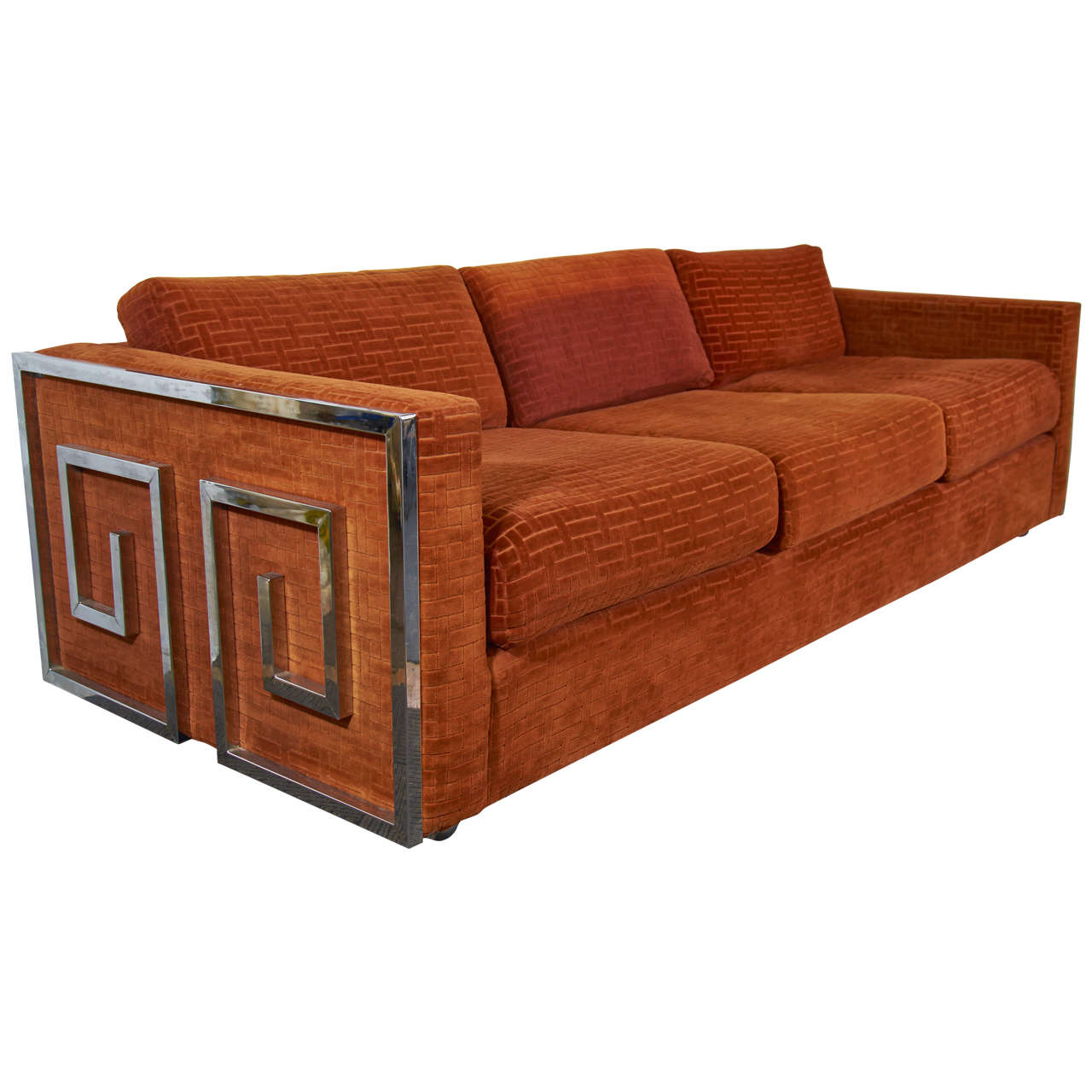 Mid Century Velvet Sofa with Chrome Greek Key Detail at 1stdibs