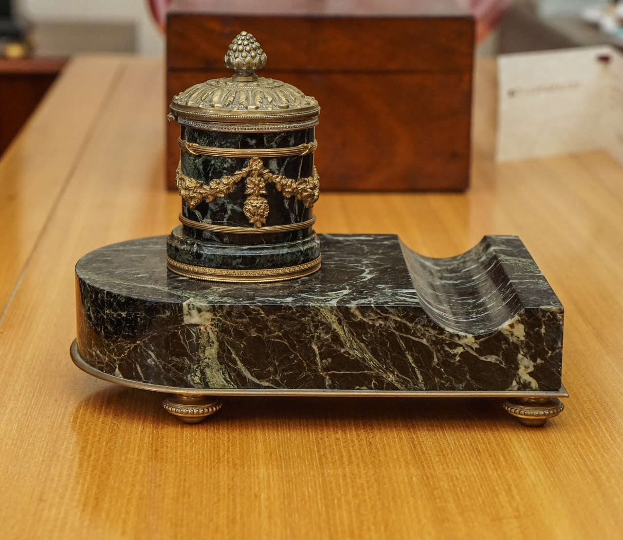 19th Century French Empire Marble and Bronze Inkwell