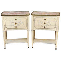 Antique Two French Hand-Painted Nightstands with a Gallery Surround and Marble Top