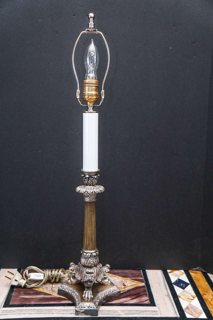 Pair of William IV Silver Plated and Brass Candlestick Lamps 1