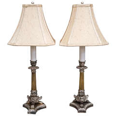 Pair of William IV Silver Plated and Brass Candlestick Lamps