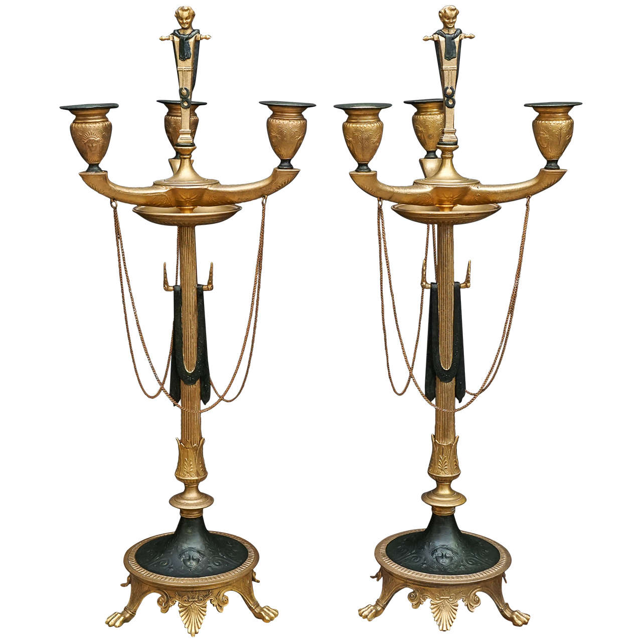 Pair of 19th Century French Neo-Greco Gilded and Tole Iron Candelabra For Sale